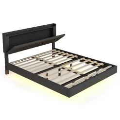 Lit 160x200 cm tapissé lin gris avec LED multicolore sous cadre, prise USB intégrée et coffre de rangement