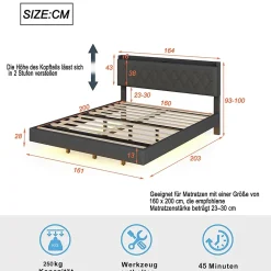 Lit 160x200 cm tapissé lin gris avec LED multicolore sous cadre, prise USB intégrée et coffre de rangement