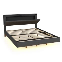 Lit 160x200 cm tapissé lin gris avec LED multicolore sous cadre, prise USB intégrée et coffre de rangement