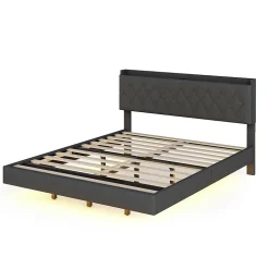 Lit 160x200 cm tapissé lin gris avec LED multicolore sous cadre, prise USB intégrée et coffre de rangement