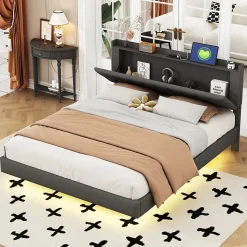 Lit 160x200 cm tapissé lin gris avec LED multicolore sous cadre, prise USB intégrée et coffre de rangement