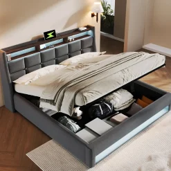 Lit 140x200 cm tapissé lin gris avec éclairage LED et port USB, style vintage moderne, cadre bois-métal