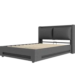 Lit 160x200 cm tapissé lin gris avec tête de lit étagère, éclairage LED intégré et rangement hydraulique