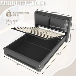 Lit 160x200 cm tapissé lin gris avec tête de lit étagère, éclairage LED intégré et rangement hydraulique