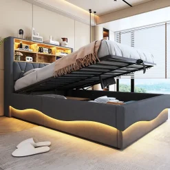 Lit 140x200 cm tapissé lin gris avec rangement hydraulique, bande LED pilotable via application et port USB