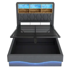 Lit 140x200 cm tapissé lin gris avec rangement hydraulique, bande LED pilotable via application et port USB