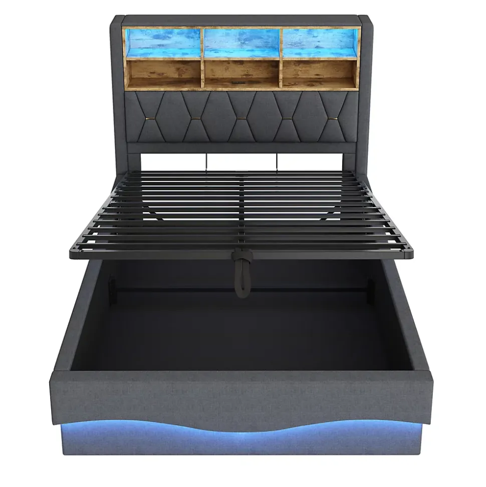 Lit 140x200 cm tapissé lin gris avec rangement hydraulique, bande LED pilotable via application et port USB