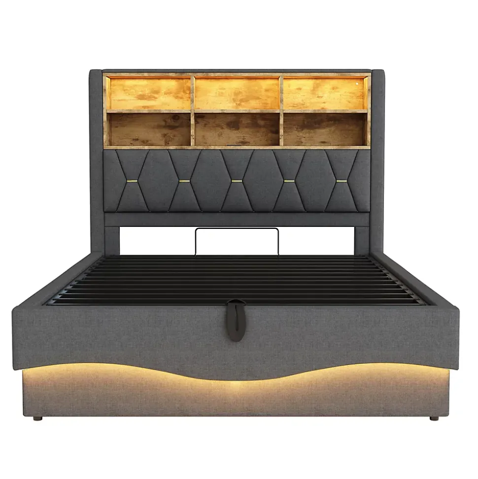 Lit 140x200 cm tapissé lin gris avec rangement hydraulique, bande LED pilotable via application et port USB