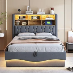 Lit 140x200 cm tapissé lin gris avec rangement hydraulique, bande LED pilotable via application et port USB