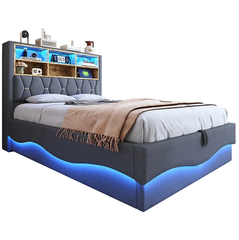 Lit 140x200 cm tapissé lin gris avec rangement hydraulique, bande LED pilotable via application et port USB