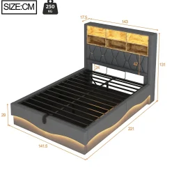 Lit 140x200 cm tapissé lin gris avec rangement hydraulique, bande LED pilotable via application et port USB