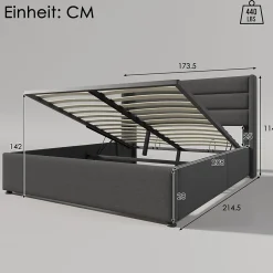 Lit 160x200 cm tapissé lin gris avec rangement hydraulique, tête de lit 3 panneaux rembourrée, cadre renforcé