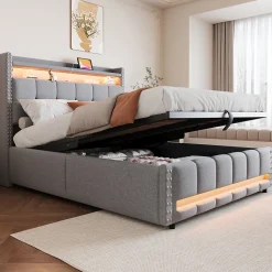 Lit 140x200 cm tapissé lin gris clair avec rangement hydraulique et éclairage LED multicolore