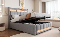 Lit 140x200 cm tapissé lin gris clair avec rangement hydraulique et éclairage LED multicolore