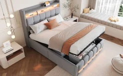 Lit 140x200 cm tapissé lin gris clair avec rangement hydraulique et éclairage LED multicolore