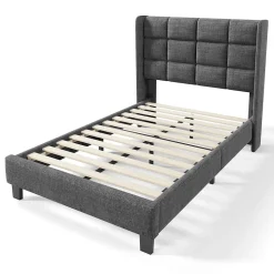 Lit 90x200 cm tapissé lin gris avec tête de lit haute et pieds noirs, design moderne élégant