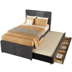 Lit 90x200 cm tapissé lin gris avec lit gigogne et trois tiroirs, cadre bois robuste et tête de lit réglable