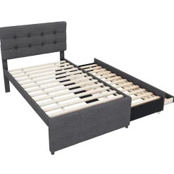 Lit 90x200 cm tapissé lin gris avec lit gigogne et trois tiroirs, cadre bois robuste et tête de lit réglable