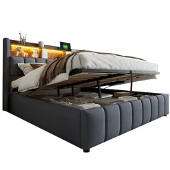 Lit 180x200 cm tapissé lin gris avec tête de lit LED multicolore, rangement hydraulique et prises USB