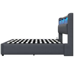 Lit 180x200 cm tapissé lin gris avec tête de lit LED multicolore, rangement hydraulique et prises USB