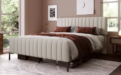 Lit 180x200 cm tapissé lin gris-beige, tête réglable 16-22 cm, compatible avec sommier coffre, cadre métal