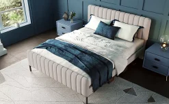 Lit 180x200 cm tapissé lin gris-beige, tête réglable 16-22 cm, compatible avec sommier coffre, cadre métal