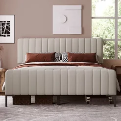 Lit 180x200 cm tapissé lin gris-beige, tête réglable 16-22 cm, compatible avec sommier coffre, cadre métal