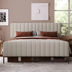 Lit 140x200 cm tapissé lin gris-beige avec sommier à lattes et tête de lit réglable