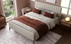 Lit 140x200 cm tapissé lin gris-beige avec sommier à lattes et tête de lit réglable