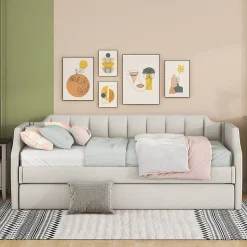 Lit 90x200 cm tapissé lin-coton beige avec sommier gigogne à roulettes, design moderne et élégant