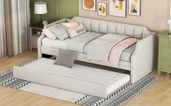 Lit 90x200 cm tapissé lin-coton beige avec sommier gigogne à roulettes, design moderne et élégant