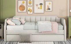 Lit 90x200 cm tapissé lin-coton beige avec sommier gigogne à roulettes, design moderne et élégant