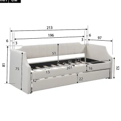 Lit 90x200 cm tapissé lin-coton beige avec sommier gigogne à roulettes, design moderne et élégant