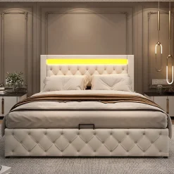 Lit 140x200 cm tapissé PU blanc avec rangement intégré et tête de lit LED, design classique et contemporain
