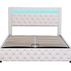 Lit 140x200 cm tapissé PU blanc avec rangement intégré et tête de lit LED, design classique et contemporain