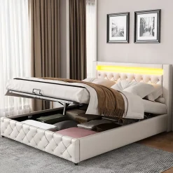 Lit 140x200 cm tapissé PU blanc avec rangement intégré et tête de lit LED, design classique et contemporain