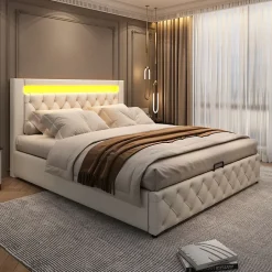 Lit 140x200 cm tapissé PU blanc avec rangement intégré et tête de lit LED, design classique et contemporain