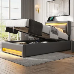 Lit 160x190 cm tapissé PU gris avec éclairage LED et ports USB escamotables, rangement sous le lit