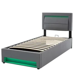 Lit 160x190 cm tapissé PU gris avec éclairage LED et ports USB escamotables, rangement sous le lit