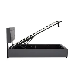 Lit 160x190 cm tapissé PU gris avec éclairage LED et ports USB escamotables, rangement sous le lit