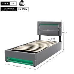 Lit 160x190 cm tapissé PU gris avec éclairage LED et ports USB escamotables, rangement sous le lit