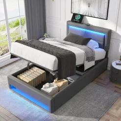 Lit 90x200 cm tapissé PU gris avec éclairage LED, ports USB escamotables et rangement intégré