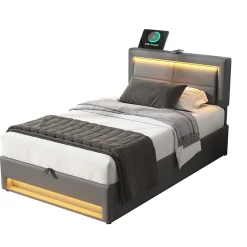 Lit 90x200 cm tapissé PU gris avec éclairage LED, ports USB escamotables et rangement intégré