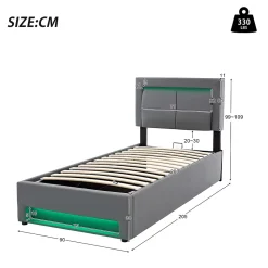 Lit 90x200 cm tapissé PU gris avec éclairage LED, ports USB escamotables et rangement intégré