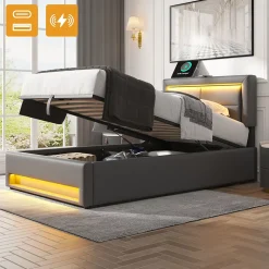 Lit 90x200 cm tapissé PU gris avec éclairage LED, ports USB escamotables et rangement intégré