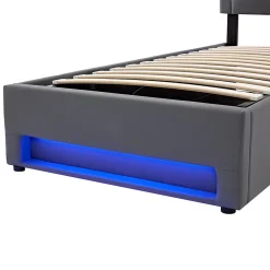 Lit 90x200 cm tapissé PU gris avec éclairage LED, ports USB escamotables et rangement intégré