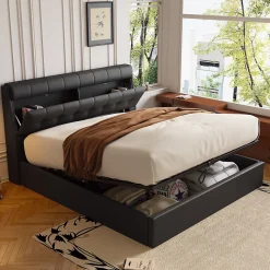 Lit 140x200 cm tapissé PU noir avec tête de lit coffre et rangement hydraulique intégré, au design moderne