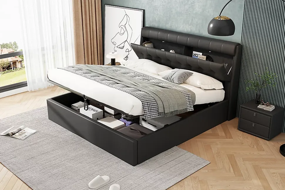 Lit 140x200 cm tapissé PU noir avec tête de lit coffre et rangement hydraulique intégré, au design moderne
