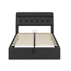 Lit 140x200 cm tapissé PU noir avec tête de lit coffre et rangement hydraulique intégré, au design moderne