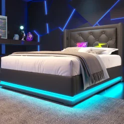 Lit 90x200 cm tapissé PU noir avec coffre hydraulique et tête de lit rembourrée, port USB-C intégré